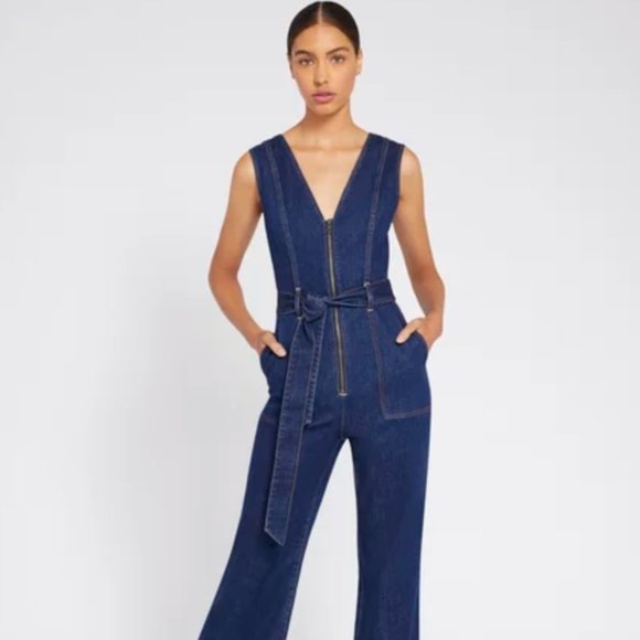 Alice + Olivia Denim - A+O Retro V-Neck Flared Denim Jumpsuit